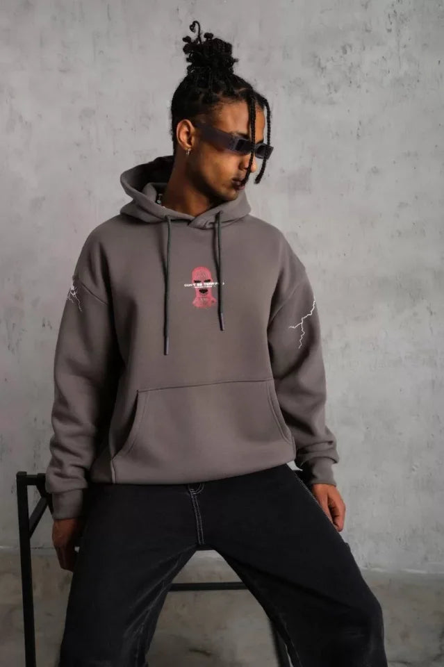 Erkek Maske Baskılı Kapüşonlu Sweat - Gri (97908)
