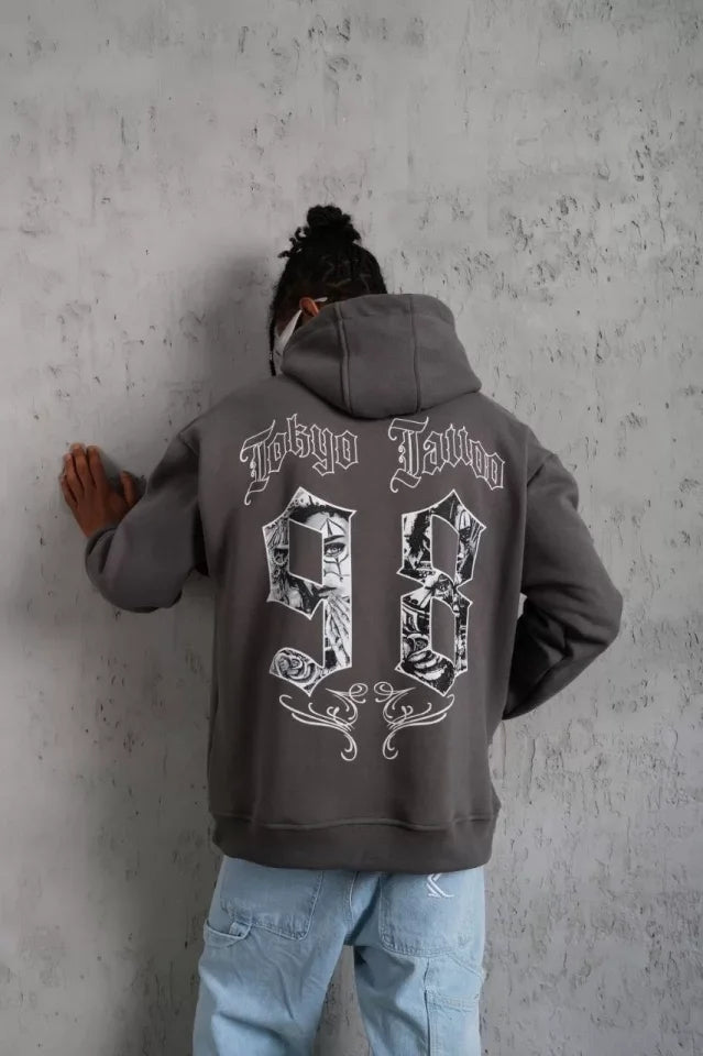 Erkek 98 Baskılı Kapşonlu Sweat - Gri (97914)