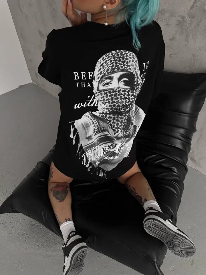 Unisex Baskılı Oversize T-Shirt - Siyah (98300)