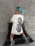 Unisex Baskılı Oversize T-Shirt - Beyaz (98301)