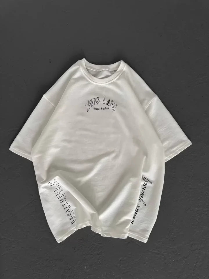 Unisex Baskılı Oversize T-Shirt - Beyaz (98301)