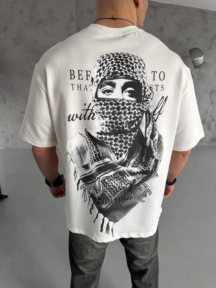 Unisex Baskılı Oversize T-Shirt - Beyaz (98302)