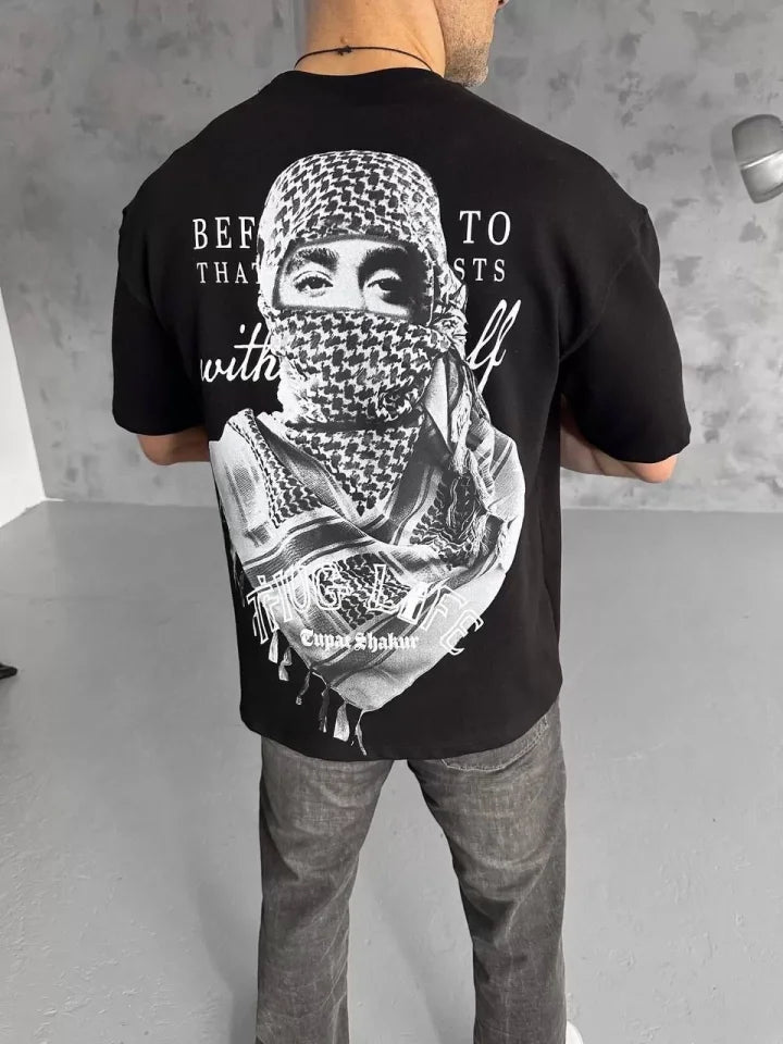 Unisex Baskılı Oversize T-Shirt - Siyah (98303)
