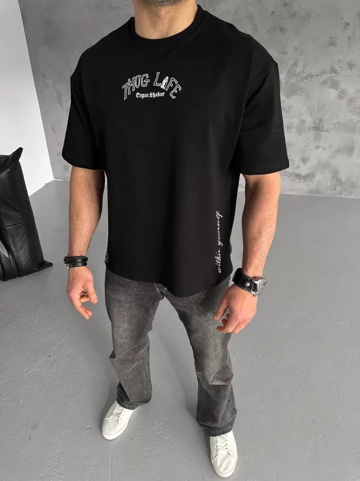 Unisex Baskılı Oversize T-Shirt - Siyah (98303)