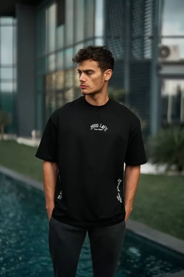 Unisex Baskılı Oversize T-Shirt - Siyah (98303)