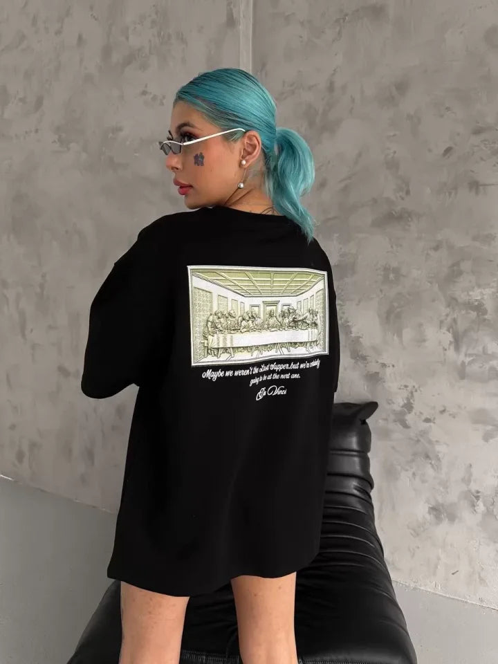 Unisex Baskılı Oversize T-Shirt - Siyah (98308)