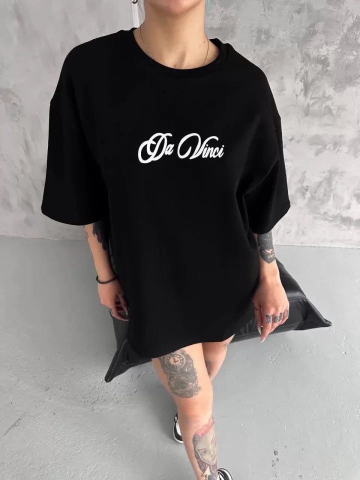Unisex Baskılı Oversize T-Shirt - Siyah (98308)