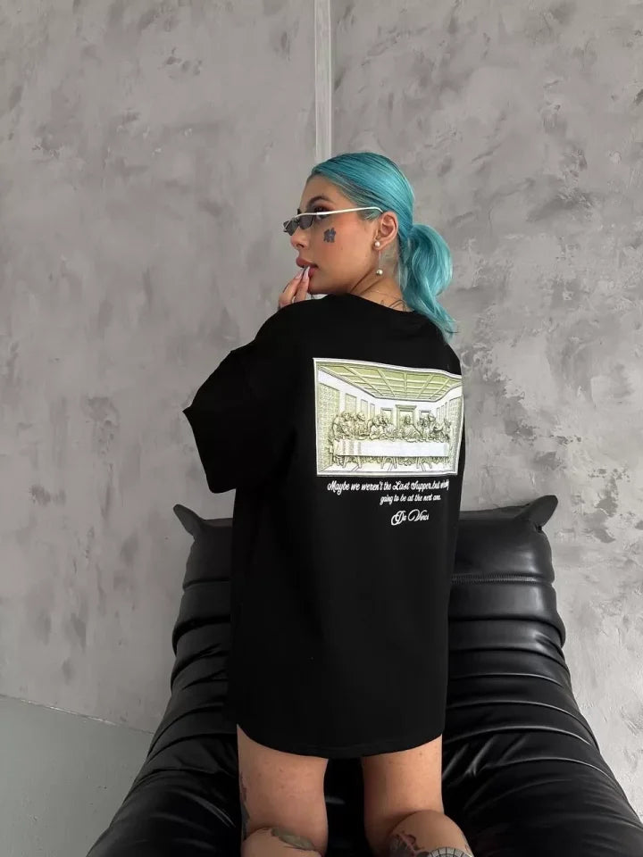 Unisex Baskılı Oversize T-Shirt - Siyah (98308)