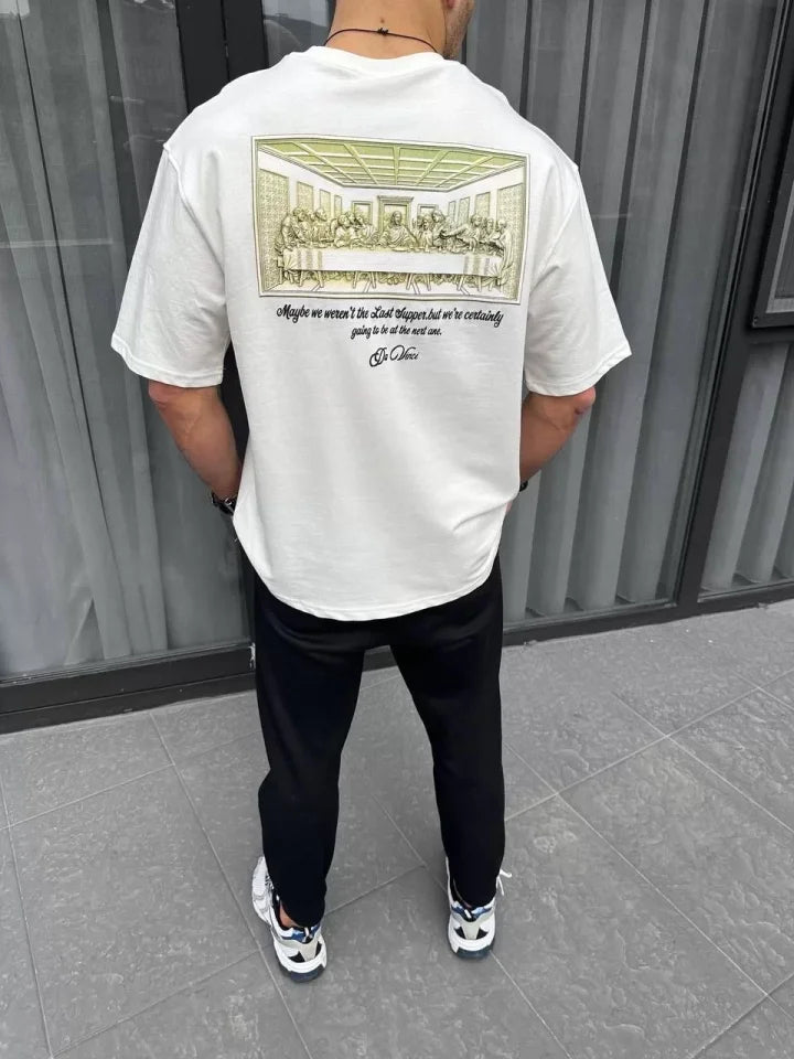 Unisex Baskılı Oversize T-Shirt - Beyaz (98310)