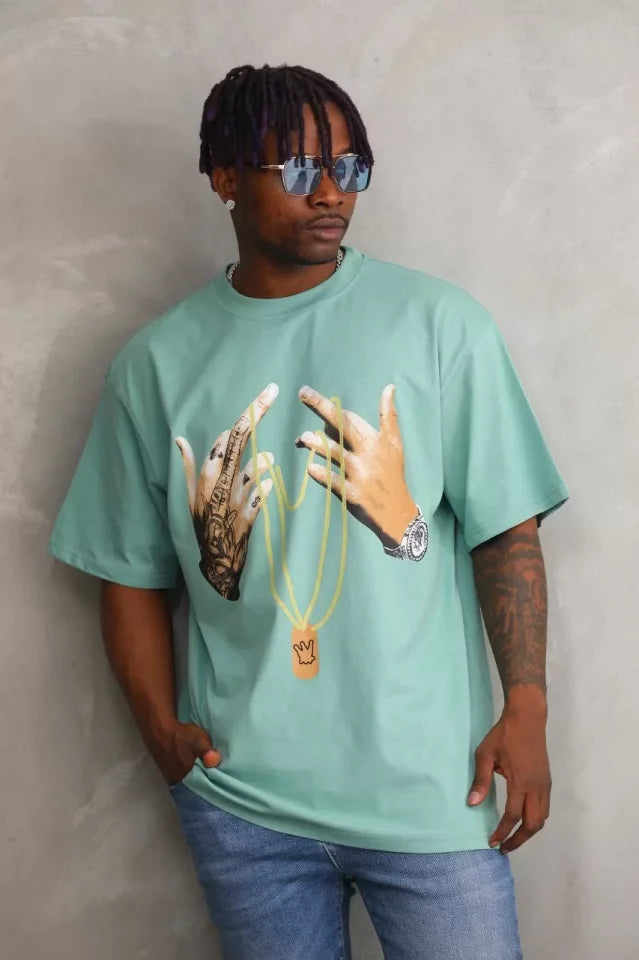 Unisex Baskılı Oversize T-Shirt - Mint Yeşili (98648)