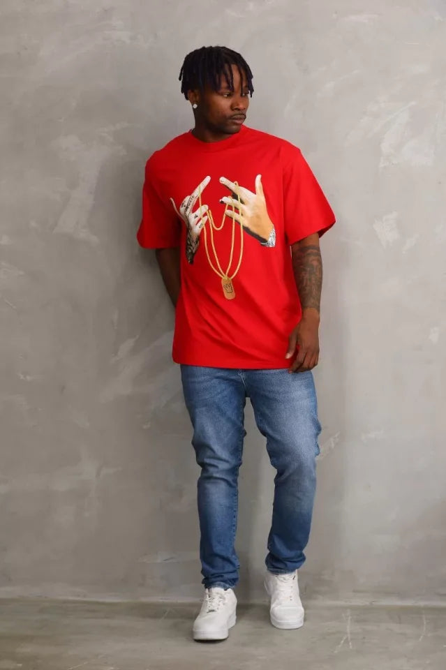 Unisex Baskılı Oversize T-Shirt - Kırmızı (98649)