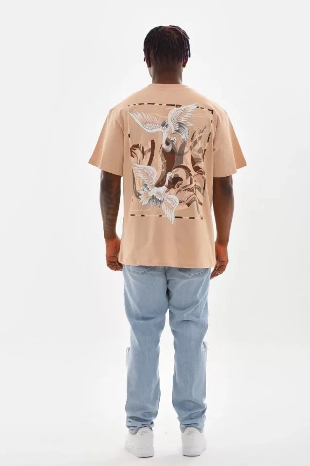 Unisex Baskılı Oversize T-Shirt - Bej (98652)