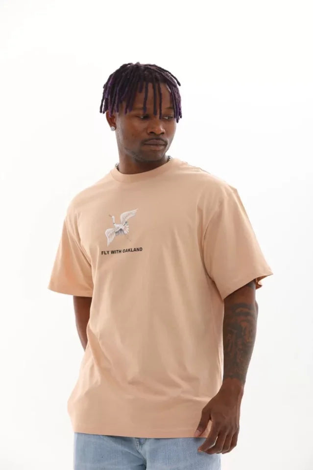 Unisex Baskılı Oversize T-Shirt - Bej (98652)
