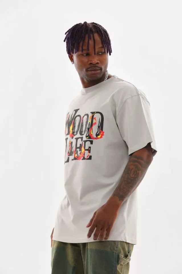 Unisex Baskılı Oversize T-Shirt - Gri (98729)