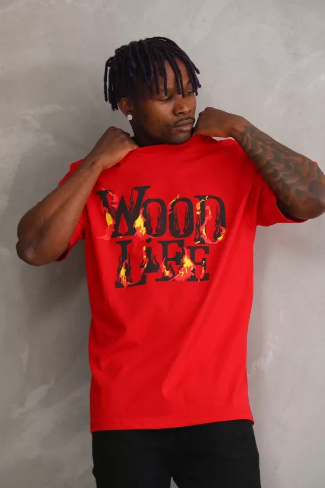Unisex Baskılı Oversize T-Shirt - Kırmızı (98730)