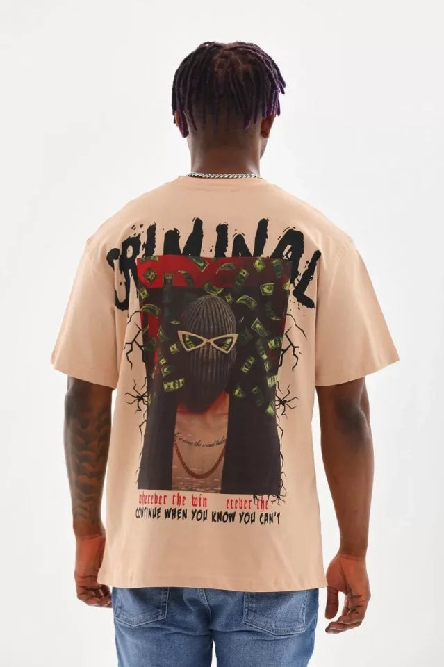 Unisex Baskılı Oversize T-Shirt - Bej (98741)