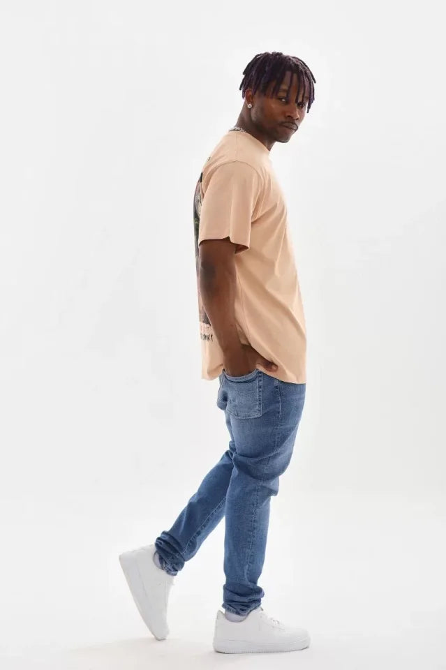 Unisex Baskılı Oversize T-Shirt - Bej (98741)