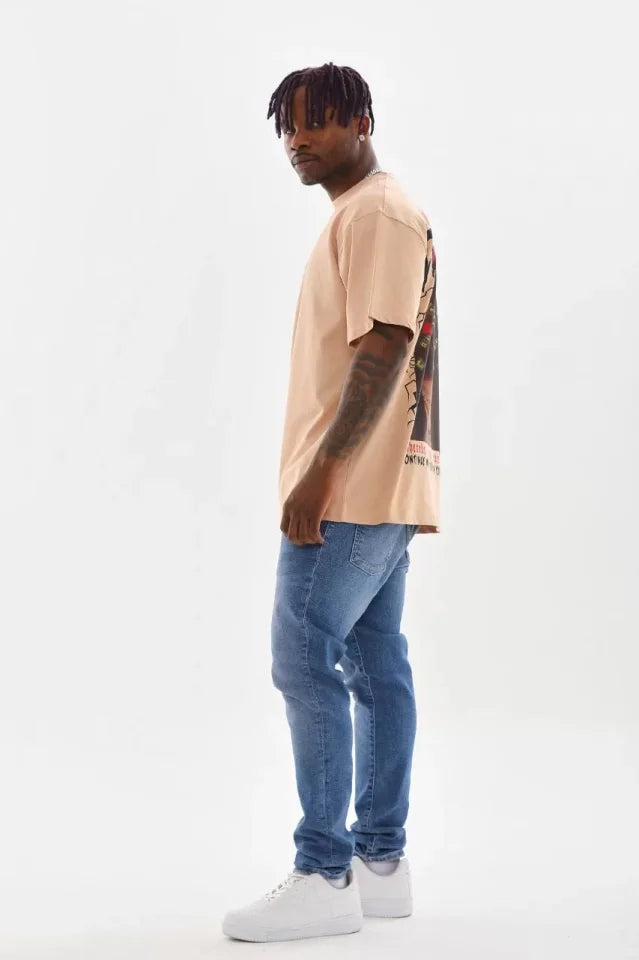 Unisex Baskılı Oversize T-Shirt - Bej (98741)