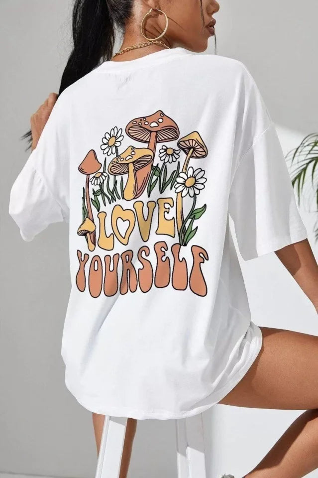 Unisex Baskılı Oversize T-Shirt - Beyaz (99806)