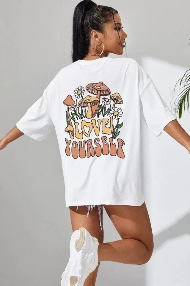 Unisex Baskılı Oversize T-Shirt - Beyaz (99806)