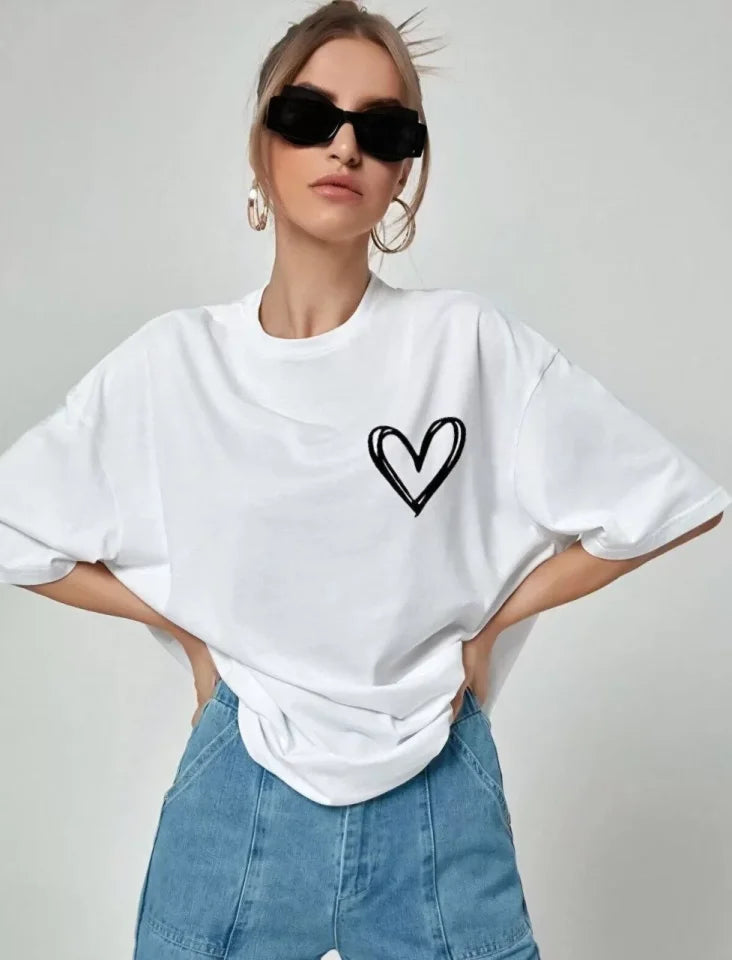 Unisex Baskılı Oversize T-Shirt - Beyaz (99812)