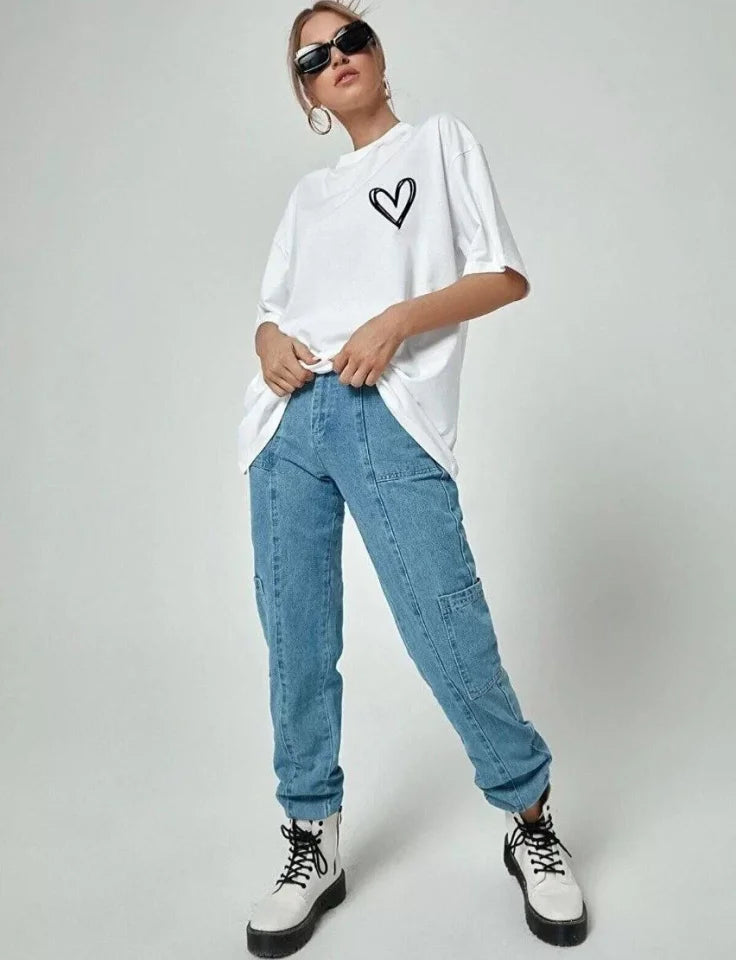 Unisex Baskılı Oversize T-Shirt - Beyaz (99812)