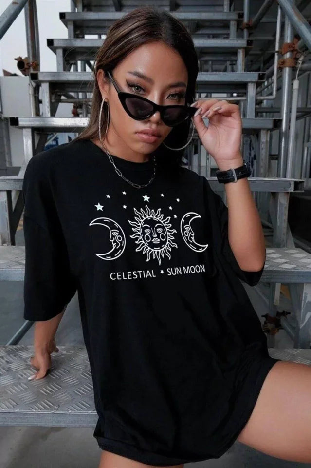 Unisex Baskılı Oversize T-Shirt - Siyah (99813)