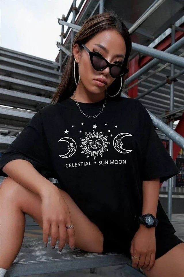 Unisex Baskılı Oversize T-Shirt - Siyah (99813)