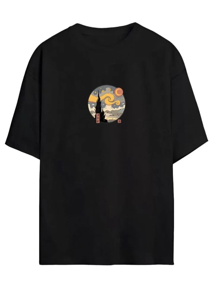 Unisex Baskılı Oversize T-Shirt - Siyah (99815)