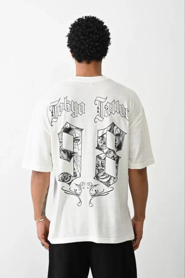 Unisex Baskılı Oversize T-Shirt - Beyaz (100233)