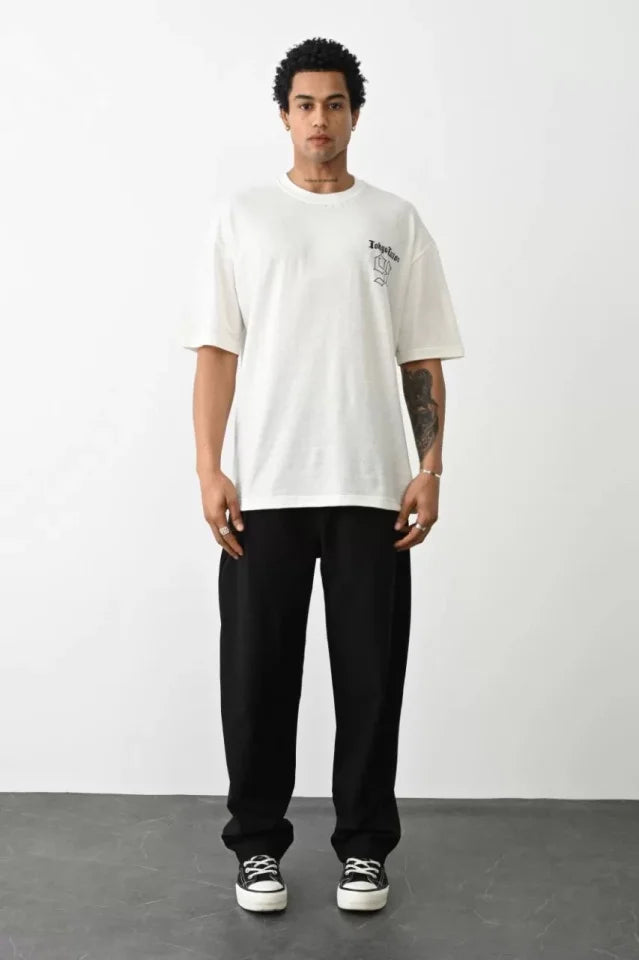 Unisex Baskılı Oversize T-Shirt - Beyaz (100233)