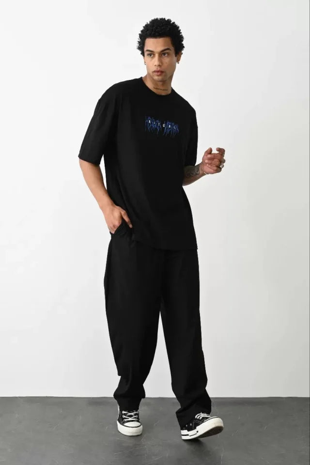 Unisex Baskılı Oversize T-Shirt - Siyah (100235)