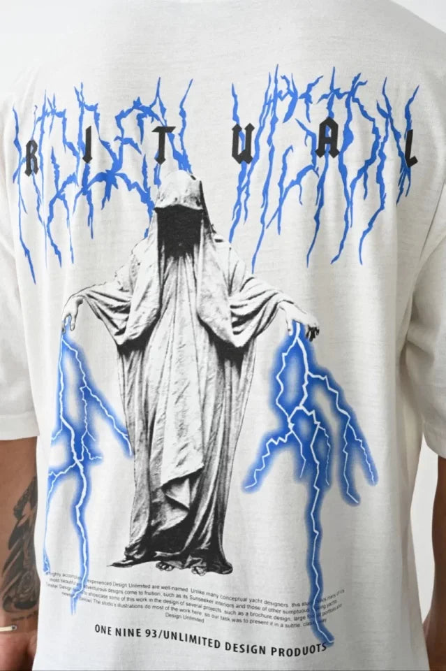 Unisex Baskılı Oversize T-Shirt - Beyaz (100236)