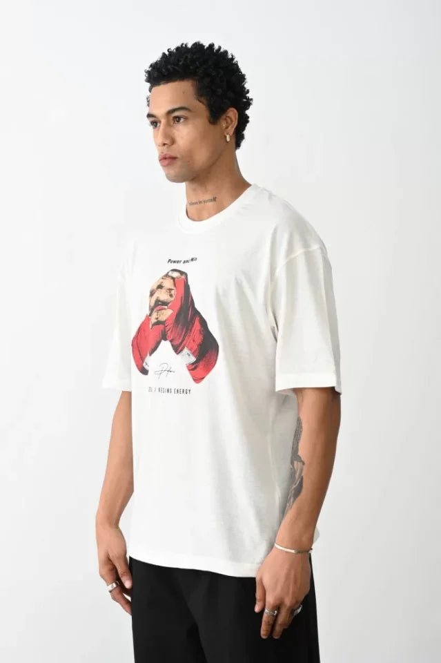 Unisex Baskılı Oversize T-Shirt - Beyaz (100237)
