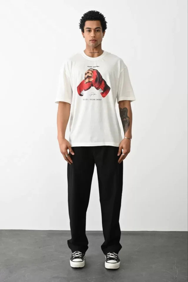 Unisex Baskılı Oversize T-Shirt - Beyaz (100237)