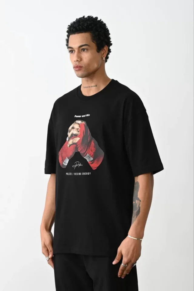 Unisex Baskılı Oversize T-Shirt - Siyah (100238)
