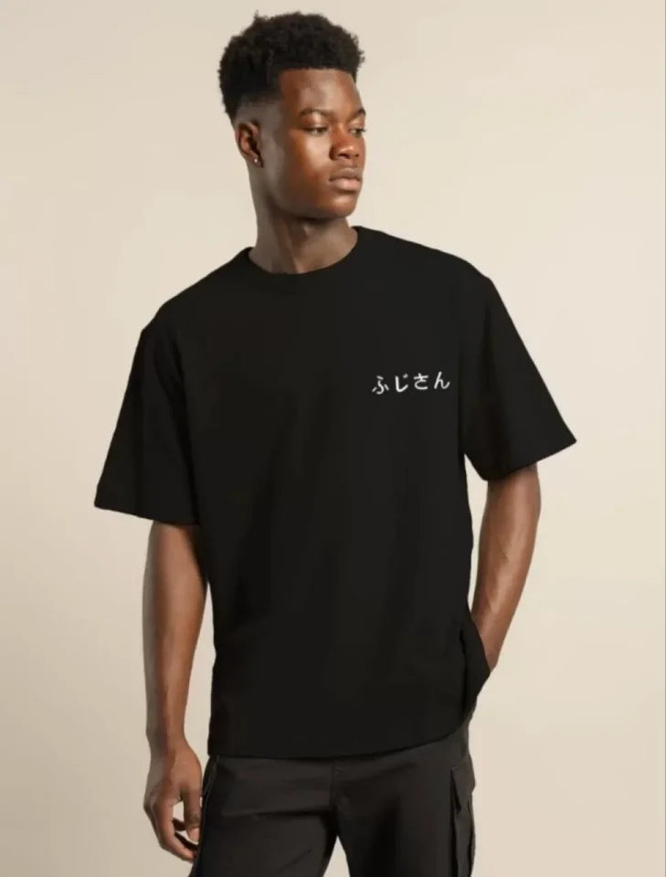 Unisex Bisiklet Yaka Baskılı Oversize T-Shirt - Siyah (101035)
