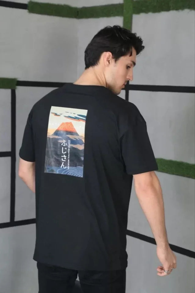 Unisex Bisiklet Yaka Baskılı Oversize T-Shirt - Siyah (101035)