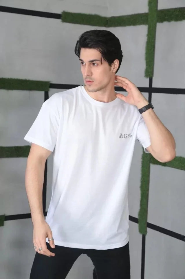 Unisex Bisiklet Yaka Baskılı Oversize T-Shirt - Beyaz (101036)