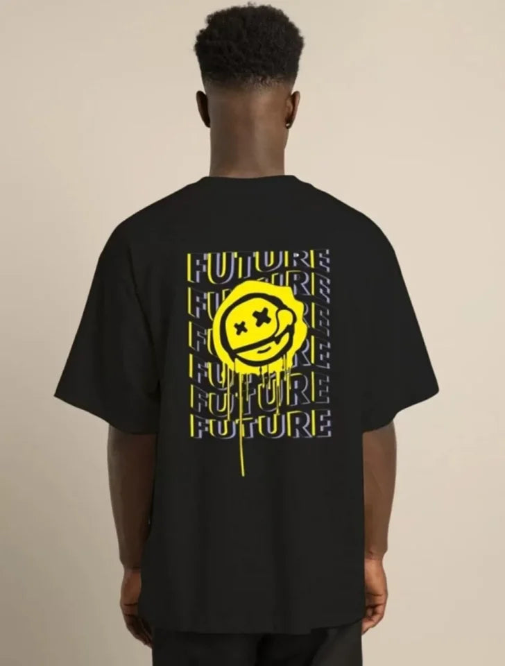 Unisex Bisiklet Yaka Baskılı Oversize T-Shirt - Siyah (101037)