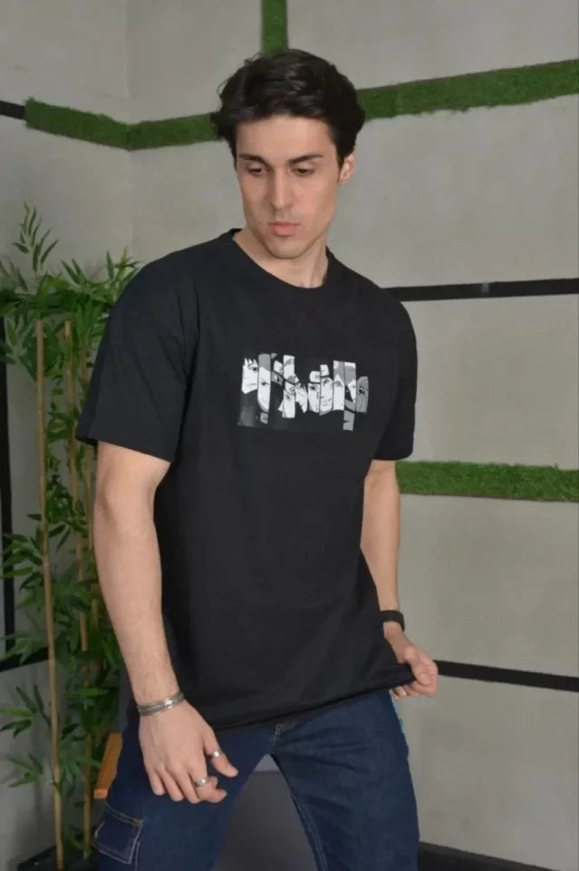 Unisex Bisiklet Yaka Baskılı Oversize T-Shirt - Siyah (101039)