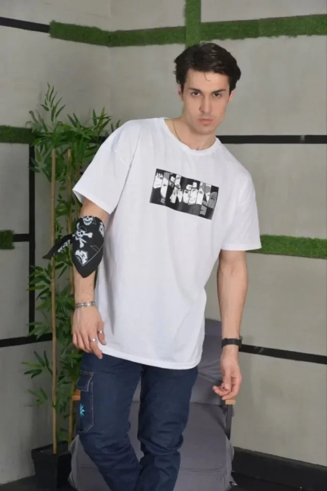 Unisex Bisiklet Yaka Baskılı Oversize T-Shirt - Beyaz (101040)