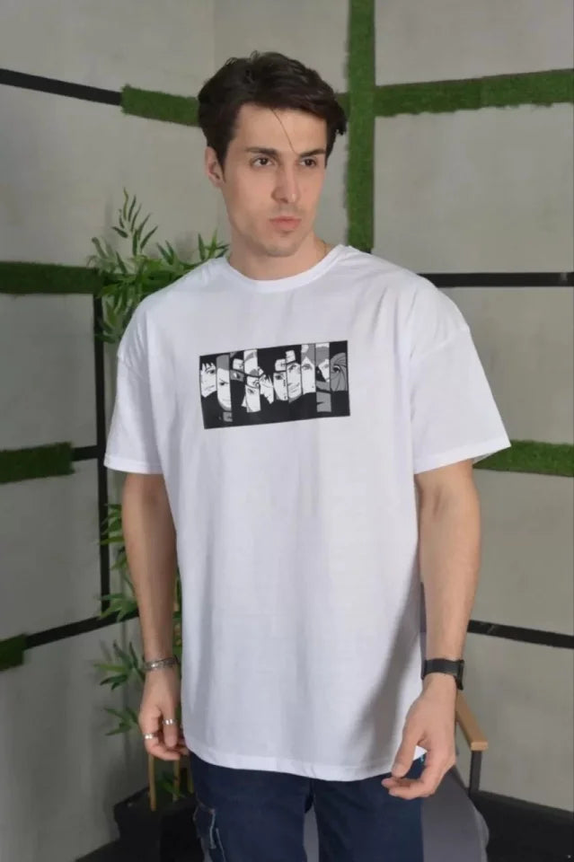 Unisex Bisiklet Yaka Baskılı Oversize T-Shirt - Beyaz (101040)
