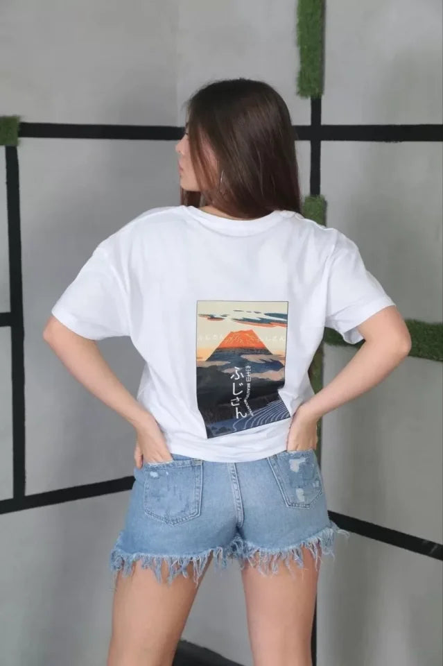 Unisex Bisiklet Yaka Baskılı Oversize T-Shirt- Beyaz (101043)