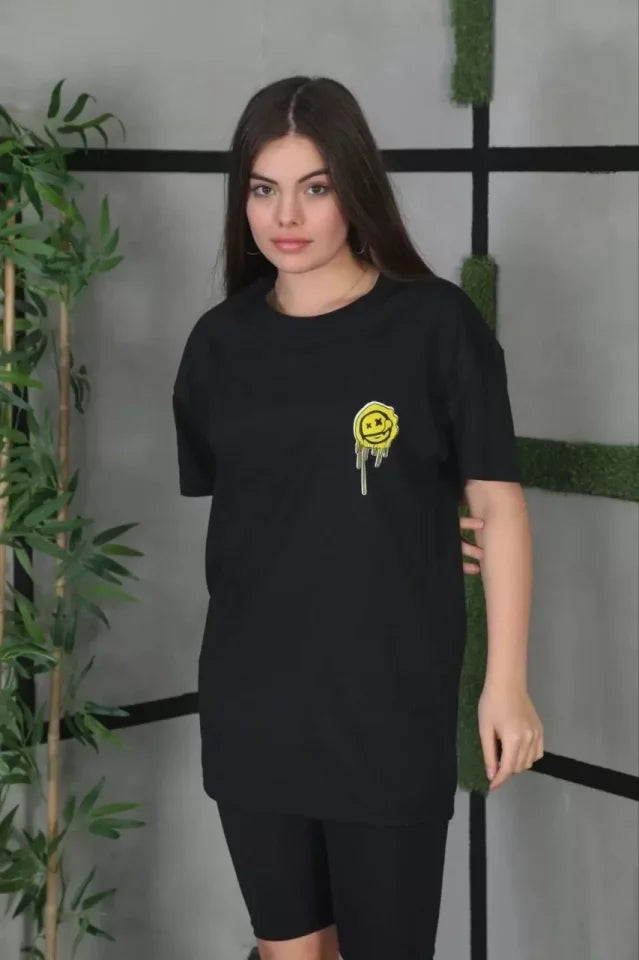 Unisex Bisiklet Yaka Baskılı Oversize T-Shirt - Siyah (101259)
