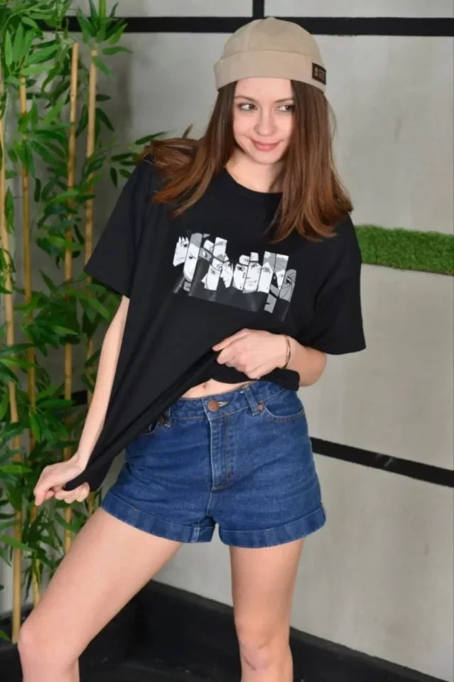 Unisex Bisiklet Yaka Baskılı Oversize T-Shirt - Siyah (101260)