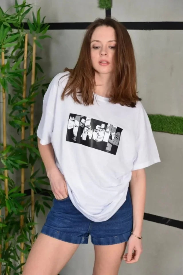 Unisex Bisiklet Yaka Baskılı Oversize T-Shirt - Beyaz (101261)