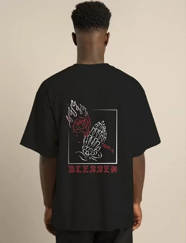 Unisex Bisiklet Yaka Oversize Baskılı T-Shirt - Siyah (101306)