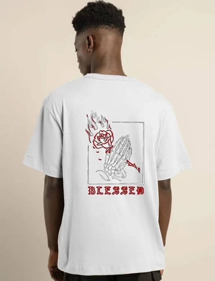 Unisex Bisiklet Yaka Oversize Baskılı T-Shirt - Beyaz (101307)