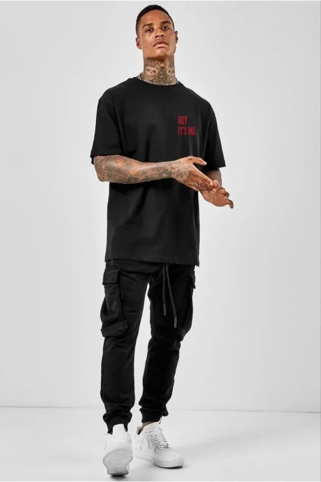 Unisex Bisiklet Yaka Oversize Baskılı T-Shirt - Siyah (101308)